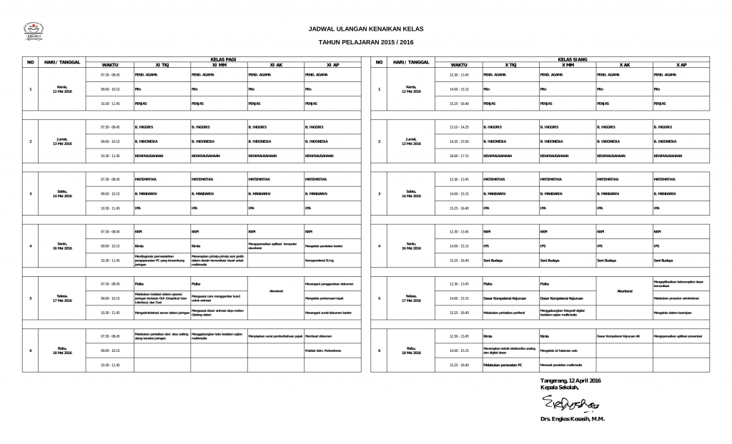 Jadwal Ulangan Kenaikan Kelas SMK Bhakti Anindya Tangerang 2015/2016