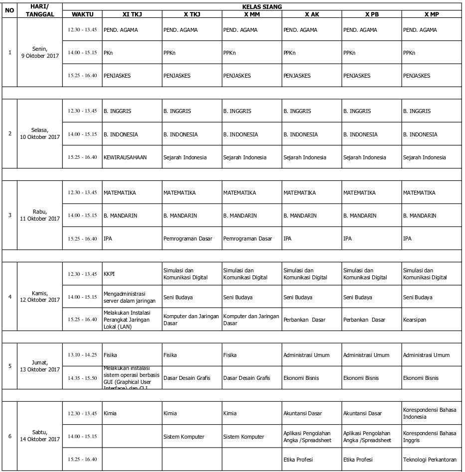 jadwal kelas siang UTS Ganjil 2017/2018